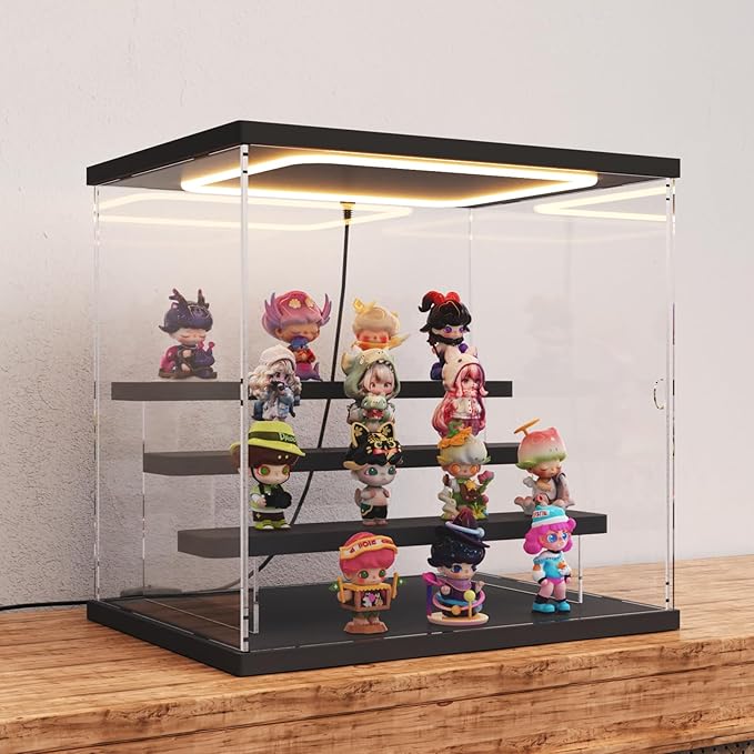 Nynelly Acrylic Lighted Display Case for Collectibles, 4 Tier Figure Display Box with Door and Steps, Assemble Dustproof LED Showcase Storage Box for Mini Figures, Funko Pop, Toys, Black