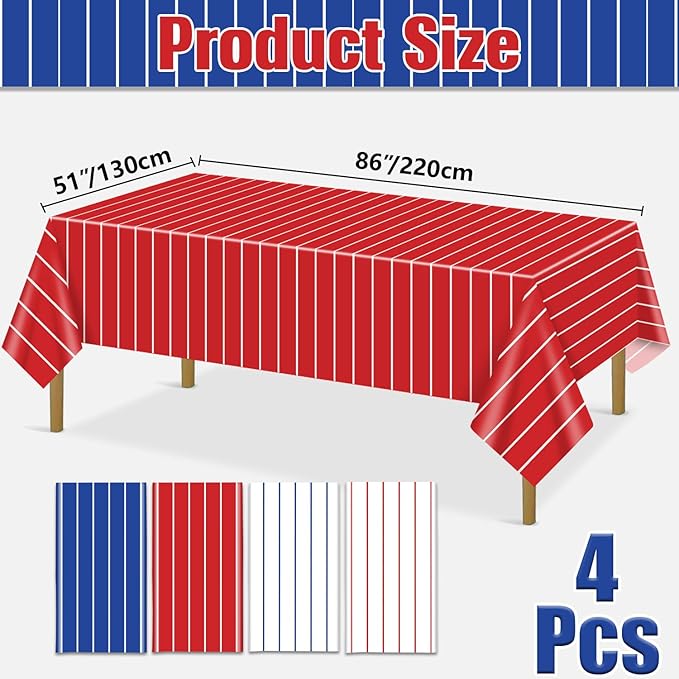 Baseball Tablecloths, 4 Pcs Disposable Plastic Red and Blue Stripe Table Covers for Baseball Birthday Decorations Sports Game Party Supplies, 51 x 86 inches
