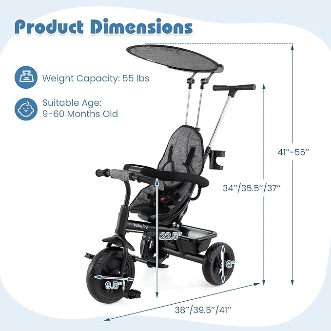 BABY JOY Toddler Tricycle, 7 in 1 Push Trike w/Adjustable Canopy, Parent Push Handle, Seat & Footrests, 5-Point Safety Harness and All-Terrain EVA Wheels, Kids Stroller Bike for 9-60 Months (Gray)