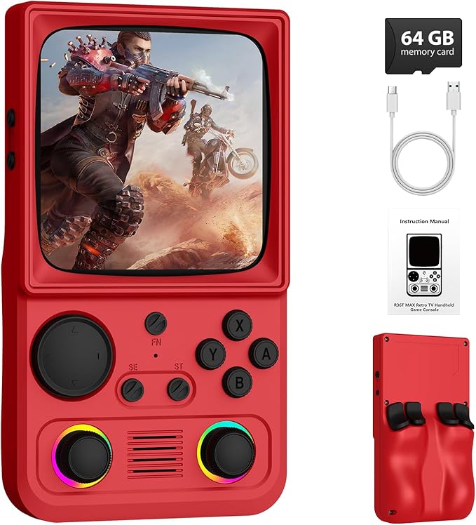 R36TMAX Retro Handhled Game Console, 4.0 Inch Retro Gaming Console with 4000mAh Battery, 64GB Preloaded with 18000+ Video Games, Portable Retro Game Console Supports WiFi Networked Fighting, Red