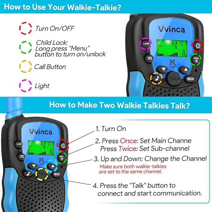 Vvinca Walkie Talkies for Kids Rechargeable 4 Pack, 3 Mile Walkie Talkie Long Range, Christmas Birthday Gift for Age 3-12 Boy Girl with Flashlight 22CH 2 Way Radio for Adventure Camping Outdoor Hiking