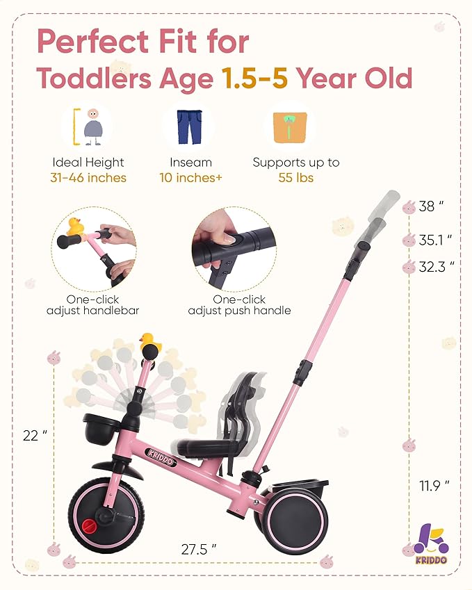 KRIDDO 2-in-1 Tricycle for Toddlers 1.5-5 Years, Push Tricycle with Parent Steering Detachable Handle, 9-Stage Adjustable Handlebar, Toddler Trike with Safety Belt, Clutch Pedals & Dual Basket, Pink
