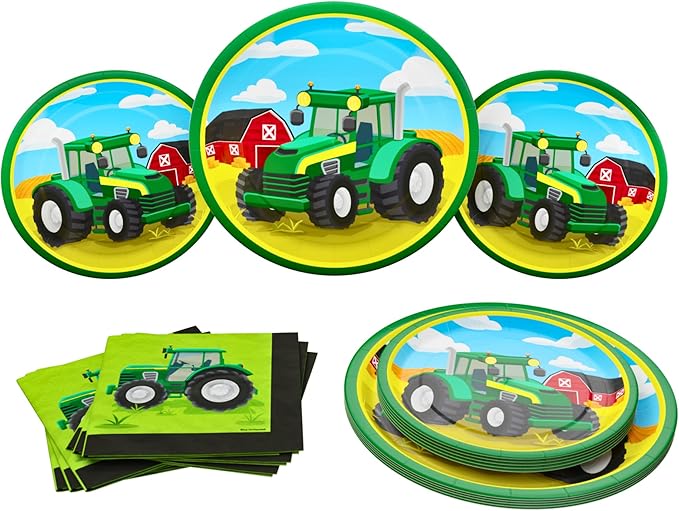 Blue Orchards Tractor Party Plates and Napkins (52 pieces for 16 Guests) - Farm Animal Party Supplies, Tractor Theme Baby Shower