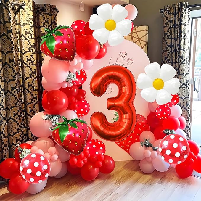 Strawberry Balloons Third Birthday Decorations for Girl, 40 Inch Mylar Red Number 3 Balloons, Strawberry Balloon for Strawberry Party Decorations, Strawberry Birthday Decorations