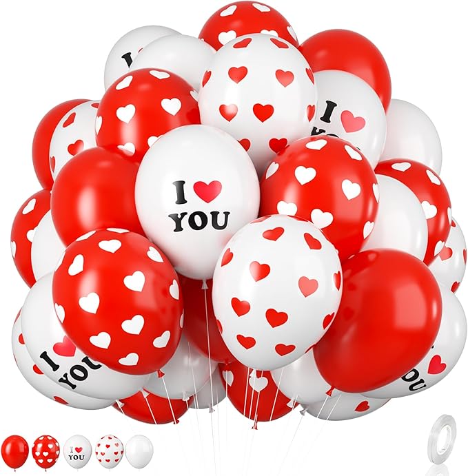 Valentines Day Balloons, 12 Inch Red White Ballons Heart Balloon I Love You Printed Romantic Valentines Day Balloon For Wedding Anniversary Party Decoration Supplies