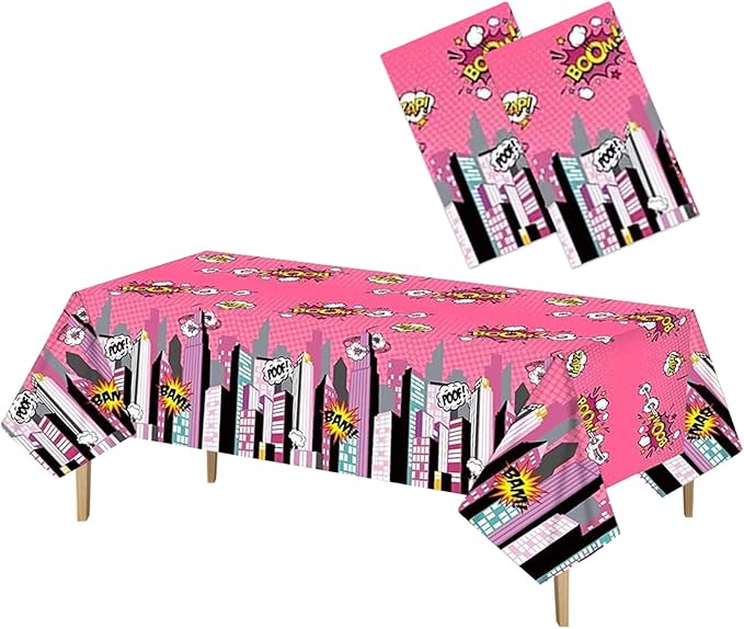 Superhero Plastic Tablecloth Pink 2 Pack 51 x 87 Inches Superhero Party Decorations Rectangle Disposable Hero Table Cover Super Hero Theme Birthday Party Supplies