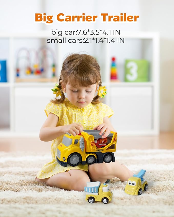 Construction Car Carrier Toys Set for 3 4 5 6 Years Old Toddlers Boys & Girls Gift, 4 Small Cartoon Cute Cars Trucks Crane Mixer Excavator Dump, Sound and Light Big Truck with Slide, 7.6*3.5*4.1 INCH