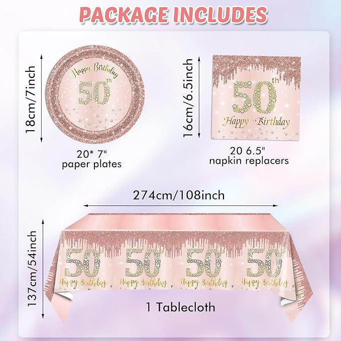 50th Birthday Decorations for Women Rose Gold 50 Years Old Party Tableware Set Include 50th Birthday Plates and Napkins Tablecloth Fifty Birthday Party Decorations Favors for Women 1976 Party Supplies