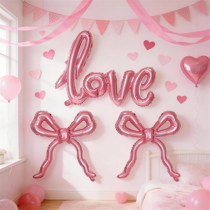 Pink Love Bow Balloons Set, 42 Inch Giant Foil Love Letter Balloon 22 Inch Bow Mylar Balloons for Girls Women Pink Coquette Birthday Bridal Shower Bachelorette Wedding Engagement Valentines Decoration