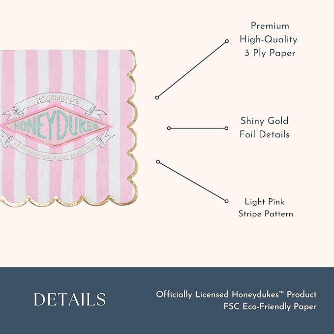 Harry Potter X Bonjour Fête Honeydukes Large Pink Stripe Napkins | Gold Foil | Premium 3-Ply Lunch Napkins for Harry Potter Themed Parties | Pack of 20, 6.5" Folded | Festive Party Supplies