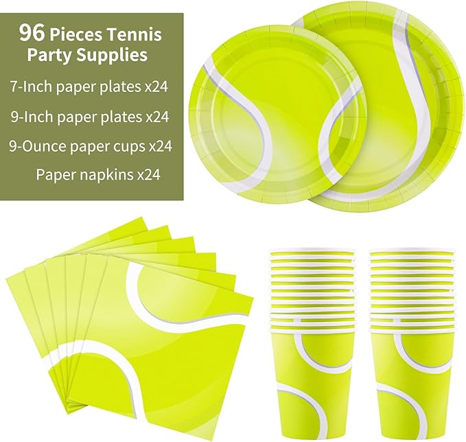 durony 96 Pieces Tennis Party Supplies Tableware Set Include Tennis Paper Plates Napkins and Cups Ball Game Dessert Plates for Sports Party Decorations, Serve 24 Guests