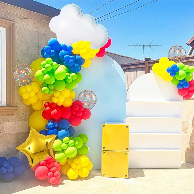 Red Yellow Blue Balloons, 12 Inch Red Yellow Blue Green Confetti Balloons with Cloud and Star Foil Balloon for Birthday Baby Shower Carnival Circus Party Decoration