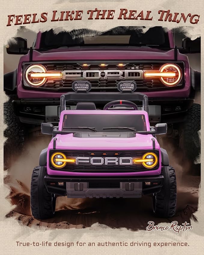 First Ride On 24V Ride on Toys for Big Kids, Licensed Ford Bronco Raptor 2 Seater Ride on Cars with Remote Control, Ride on Truck w/ 4-Wheeler Suspension, 3 Speeds, Led Lights, Bluetooth (24V, Pink) | First Ride On, 24V, for Big Kids, 2 Seater, with Re...