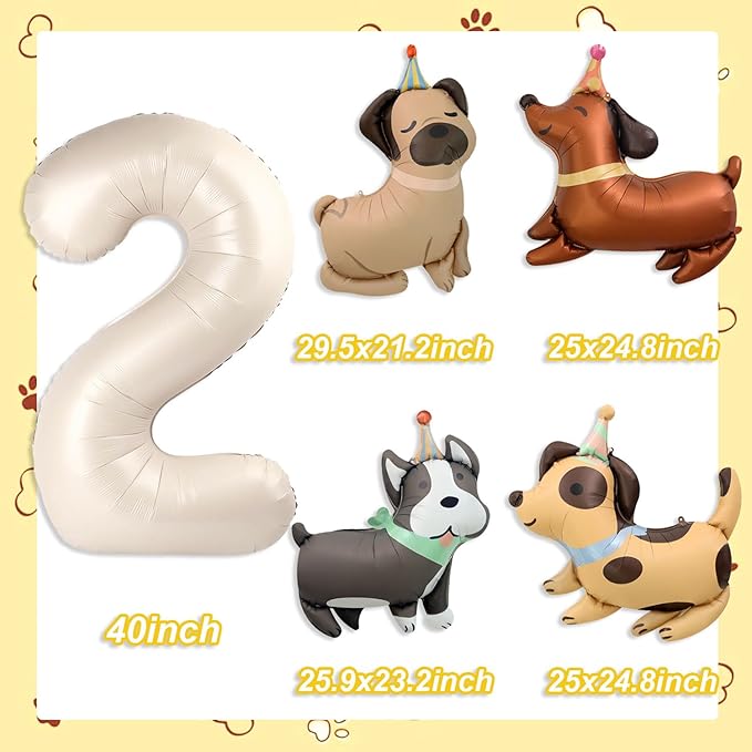 Animal Dog Balloons Puppy Balloon 40 Inch Cream White Number 2 Balloons for Dog 2nd Birthday Decorations Dogs Birthday Party Supplies