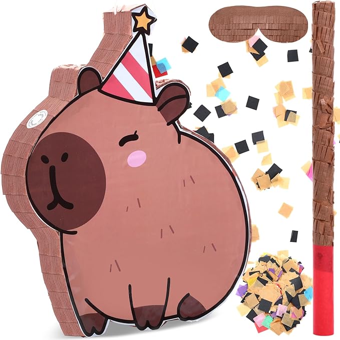 Christmas Capybara Piñata for Kids Birthday Party 15.7 x 10 x 2.8 Inches Xmas Candy Cane Cap Animal Piñata with Bat Blindfold and Confetti for Holiday Photo Props Decoration
