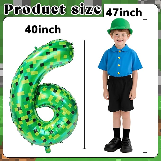 40in Pixel Number 6 Balloon Birthday Decorations, Miner Theme Foil Balloons banner Blast Gaming Party Supplies