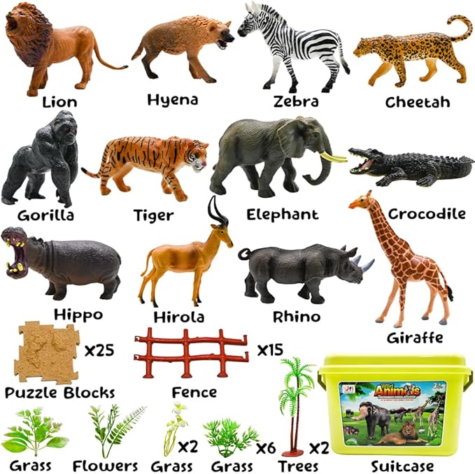 BOLZRA 65PCS Safari Animals Figures Toys, Realistic Plastic Jungle Zoo Wild Animals with Fence Building Blocks Storage Box Christmas Birthday Gift for Kids 3-8