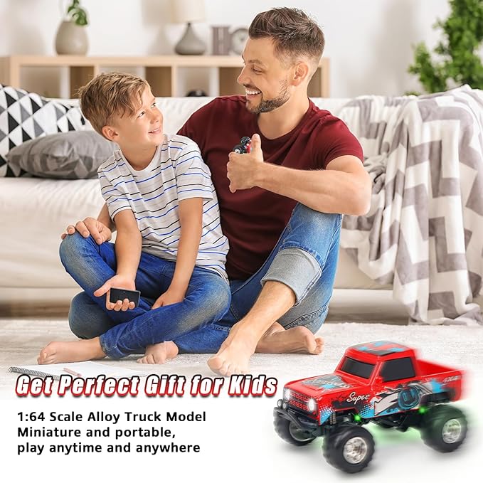 1:64 Red RC Cars for Kids Toys, 2.4Ghz Remote and APP Control, Mini Alloy Truck Car with Cool Light and USB-C Recharging, Speed Adjustable Steering Easy to Operate, Gift for Children, Boys, Girls