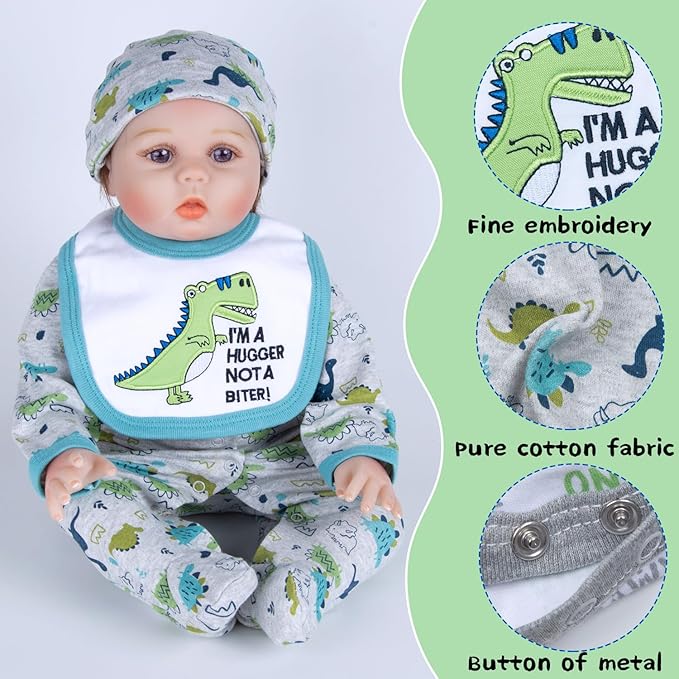 12 Pcs Reborn Baby Doll Accessories Boy 17-22 Inch Reborn Baby Boy Doll Clothes with Backpack Diapers, Cute Dinosaur Design, Babies Pretend Play Set