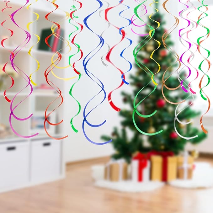 Colorful Ceiling Swirl Foil Decorations Hanging Plastic Streamer Themed Swirl Party Decoration for Wedding Thanksgiving Day Graduation Celebration, Pack of 28