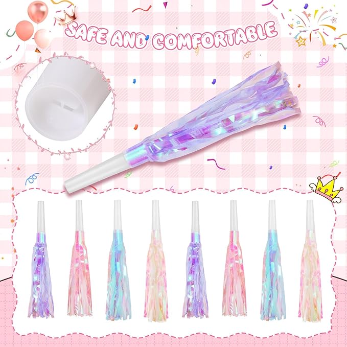 24 Pcs Party Blowers Glitter Iridescent Mermaid Unicorn Princess Noise Makers Metallic Fringed Horns Bulk for Graduation Birthday Favors Kids Decor(Pink, Purple, Blue, White)