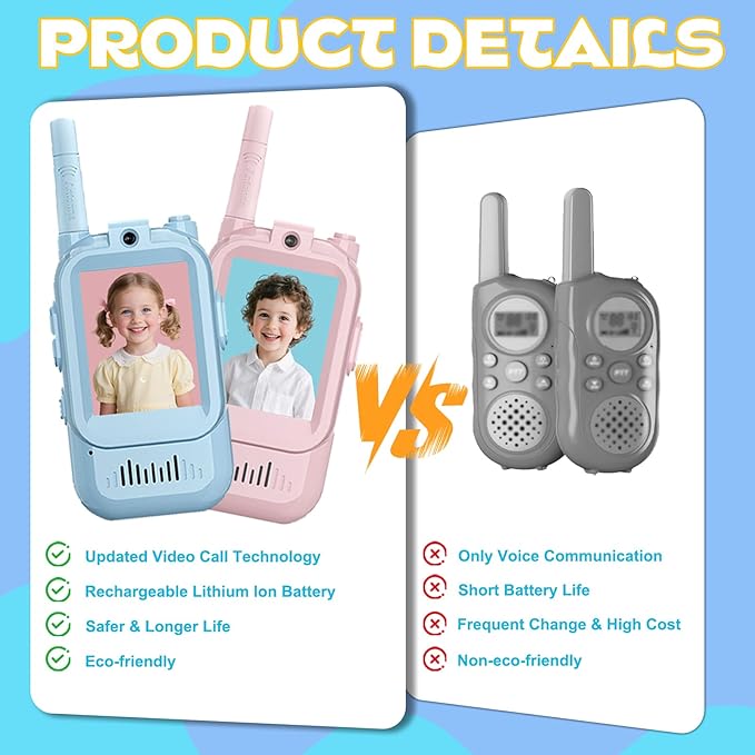 Rechargeable Kids Walkie Talkies 2 Pack, 1000 Feet Range with Video Screen & Voice Changer, Birthday Gift Toy for 3-12 Year Olds, for Indoor Play Camping Hiking