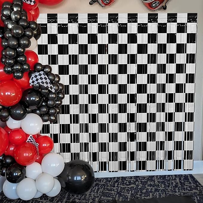 Race Car Foil Fringe Curtains Backdrop Birthday Party Decorations, 6 Pack 3.28 x 6.56 Ft Black White Foil Fringe Curtain Photo Booth Props Racing Car One Happy Dude Party Decorations