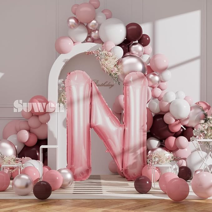 SUWEN 40 Inch Pink Large N Letter Balloons Big Foil Helium Letter Balloons A-Z Jumbo Mylar Happy Birthday Party Decorations for Girl Anniversary Party Supplies