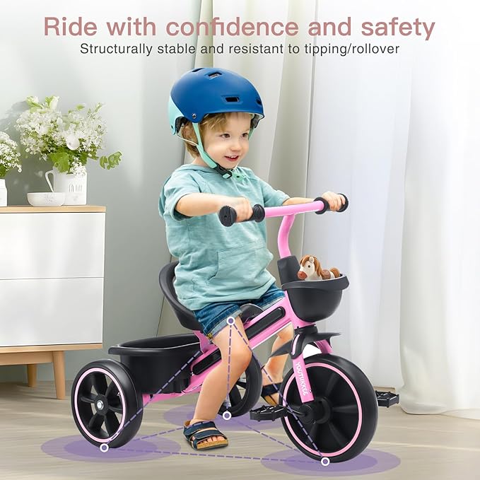 Kids Tricycle with Colorful LED Lights for Toddlers 1-3 Years, Stable 3-Wheel Design & Storage Basket for Fun Indoor Outdoor Ride, Gift for Baby Boy Girl