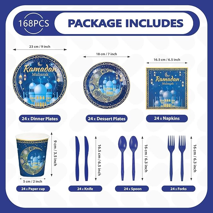168Pcs Blue Eid Ramadan Decorations Mosque Lantern Moon Plates and Napkins Cups Forks Islamic Eid Mubarak Decor Tableware Sets for Islamic Muslim Ramadan Mubarak Muslim Home Party Supplies Serves 24
