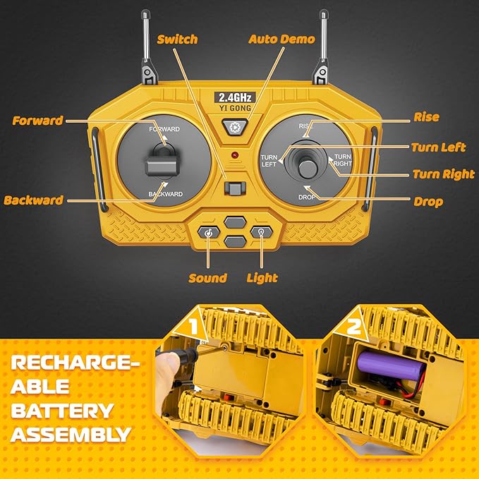 Rc Bulldozer Toys - Remote Control Bulldozer Construction Vehicles Trucks for Boys Kids Age 7 8-12 - Metal Remote Control Electric Tractor Loader Toys with Light and Sound - Birthday Gift