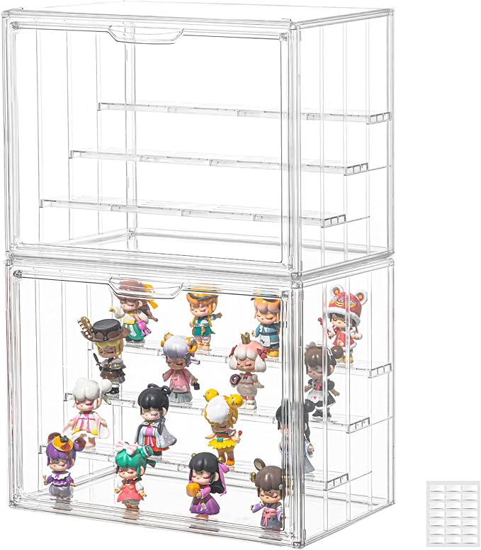 Clear Acrylic Display Case Upgrade 4 Tier Figure Display Case with 3 Movable Dividers, Stackable Display Box Showcase with Magnetic Door for Collectibles (Large-2pack)