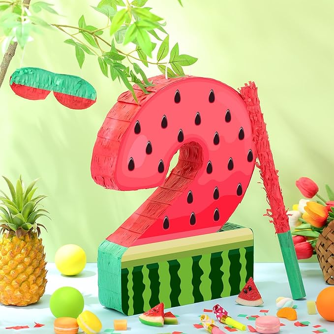 Watermelon Piñata Fruit Number 2 Red Watermelon 2nd Birthday Piñata with Bat Stick Blindfold Mask Confetti for Summer Birthday Party Supplies(2)