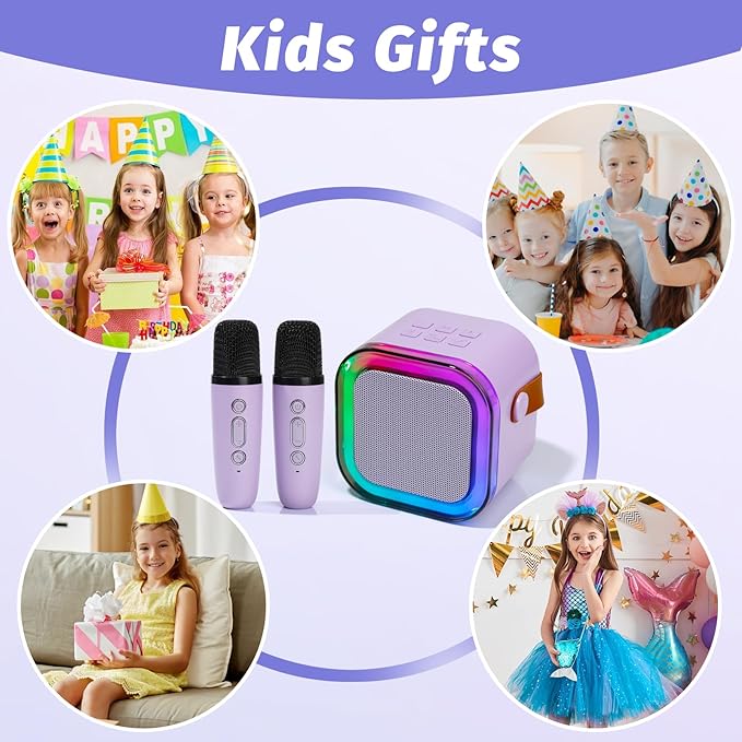 Mini Karaoke Machine for Kids, Portable Karaoke Speaker with 2 Wireless Microphones,Voice Effects,LED Lights, Singing Machine for Girl, Ages 3,4,5,6,7,8,9,10,11,12+ Years Old Birthday Gift(Purple)