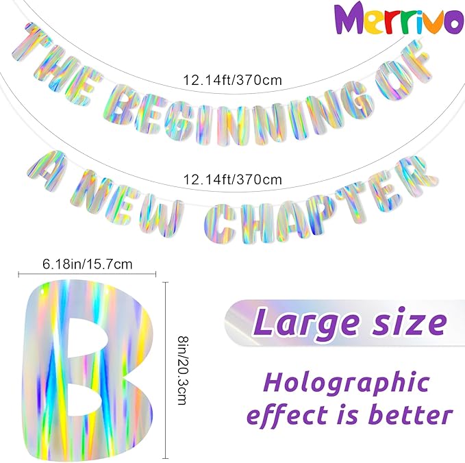 Iridescent The Beginning of a New Chapter Banner, Holographic Pre-Strung Party Decoration for Graduation, Farewell, Going Away, Retirement