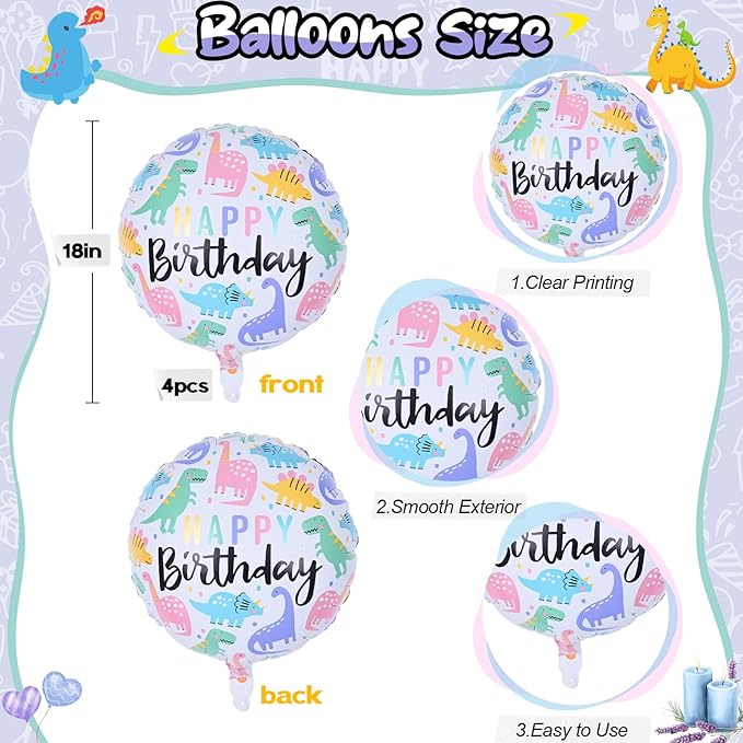 18" Dinosaur Balloons for Party Decorations, 4pcs Colorful Mylar Round Dinosaur Balloon, HAPPY Birthday Dino Foil Balloons for Kids Jungle Dino Themed Baby Shower Birthday Party Decor Supplies