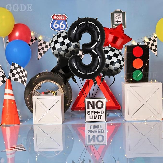 Race Car Birthday Balloons 40 Inch Racetrack Number Balloon 3 Black Boys 3st Birthday Race Car Theme Party Decor Supplies 5 Pcs Mylar Helium Balloon