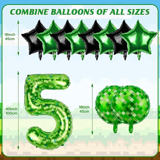 40 Inch Green Pixel Themed Number 5 Balloon Set Foil Balloon for Girls & Boys Birthday Party Decorations, Party Supplies & Favors (Number 5)