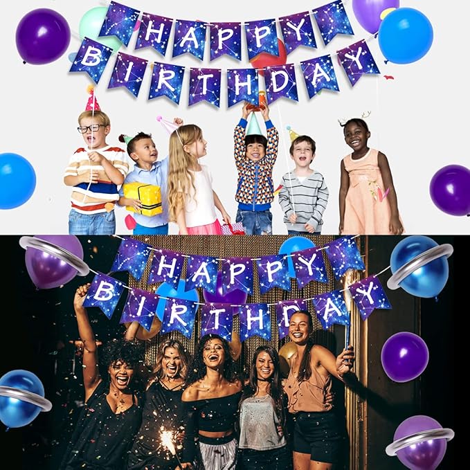 Galaxy Birthday Decorations Galaxy Happy Birthday Banner Space Astrology Party Decorations for Boys Girls Planet Starry Sky Theme Party Banner Supply for Solar System Themed Space Nebula Bunting Decor
