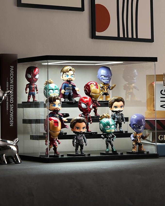 Clear Acrylic Display Case with Light , 3 Tier Display Box Stand Assembly Dustproof Protection Showcase for Collectibles Action Figures (Black 12.6×7×9in; 32×18×23cm)