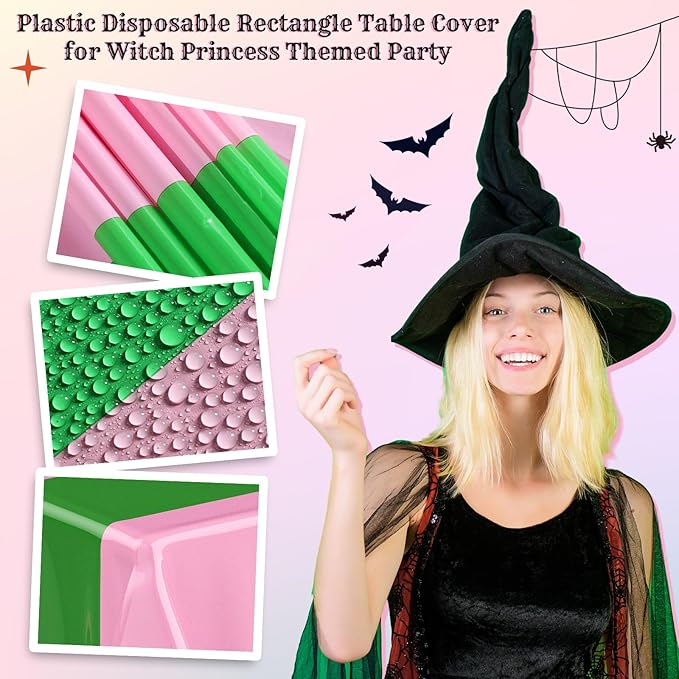 Oudain 3 Pcs Witch Princess Theme Party Pink & Green Party Tablecloth 54 x 108 Inch Plastic Rectangle Tablecloth Waterproof Table Cover for Witch Princess Theme Birthday Decoration