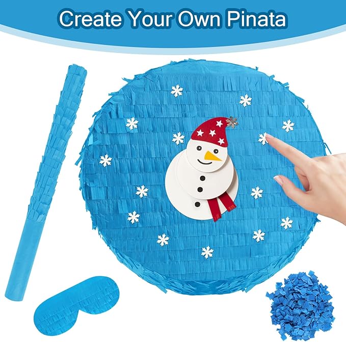 Blue Round Pinata with Stick Blindfold Confetti DIY Blank Pinata for Boys Kids Birthday Party Supplies Carnivals Halloween Christmas Decorations