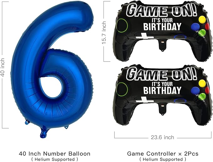 Navy Blue Video Game Party Supplies Boys 6th Birthday Party Decorations- 2 Packs Game On Balloons with Dark Blue Number 6 Balloon