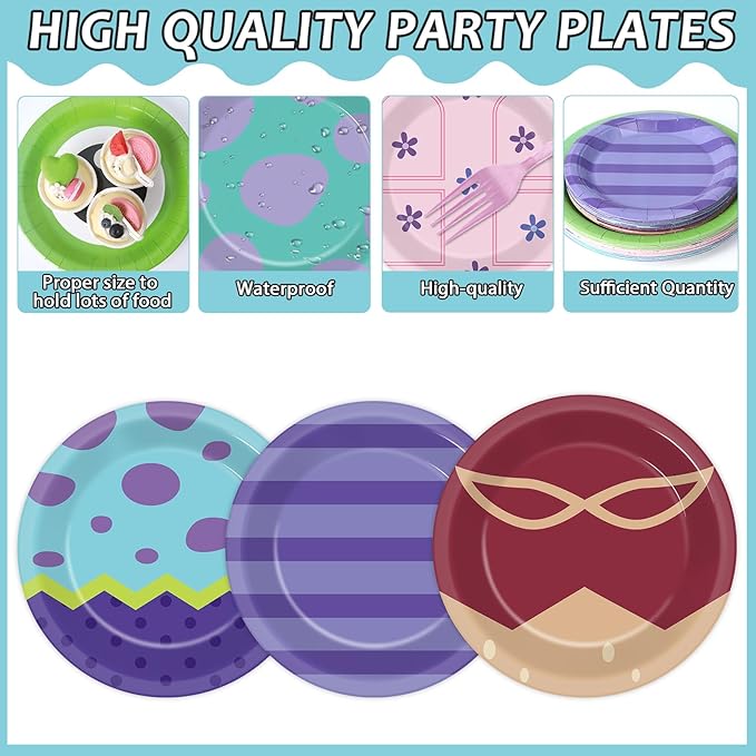 96PCS Monster Birthday Party Plates and Napkins Blue Purple Green Tableware Set Monsters Theme Parties Decor Paper Tableware Set Cartoon Monsters Plates For Monster Themed Baby Shower Party Decoration