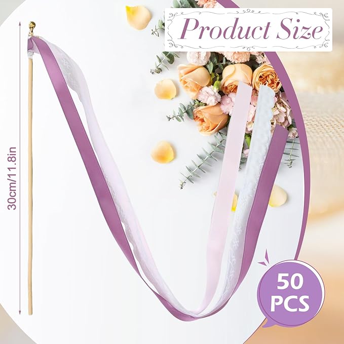 50Pcs Ribbon Sticks Wands Streamers with Bells Silk Fairy Stick Party Ribbon Streamers for Wedding Party, Birthday and Holiday Activities-Purple