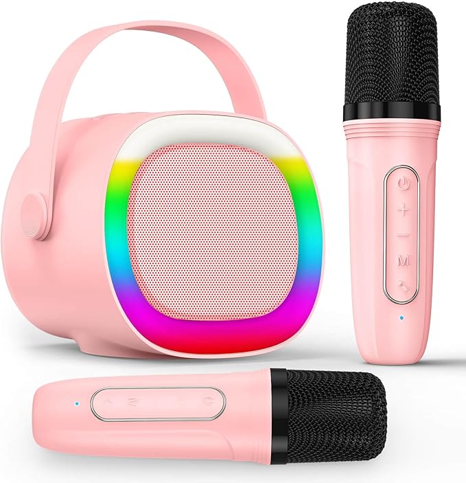 LENRUE Karaoke Machine for Kids, Birthday Gifts for Girls Boys Teens with Wireless Microphone, Colored Lights, Trendy Stuff Gifts for 3, 4, 5, 6, 7, 8, 9, 10 +Year Old (ProPink 2Mic)