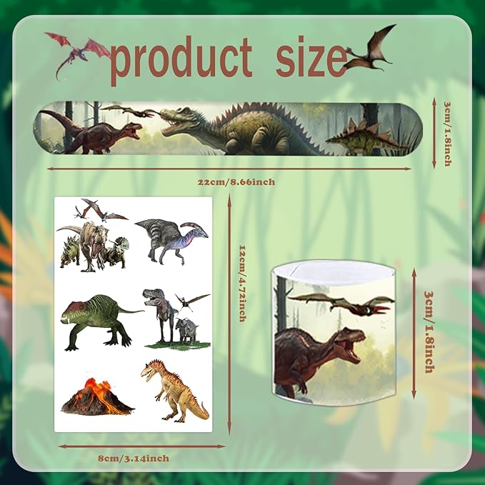 96PCS Realistic Dinosaur Party Favors Set include 72Pcs Dinosaur Temporary Tattoos Stickers, 24Pcs Dinosaur Slap Bracelet for Forest Dinosaur Dino Party Favors Prehistoric Dinosaur Themed Supplies