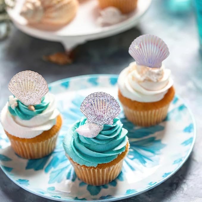Kenning 48pcs Resin Seashell Cupcake Ring Toppers Under the Sea Cupcake Topper for seashell Theme Birthday Party Cake Decorations Baby Shower Weeding Anniversary Sea Party Supplies