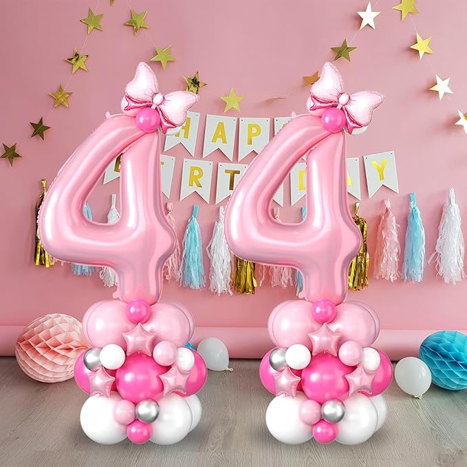 40 Inch Pink Number 4 Balloon for 4th Birthday Decoration Pastel Baby Pink Number Four Foil Balloon Tower Giant Large Digit Hot Pink White Helium Balloons Stack Stand for Girls Anniversary Party