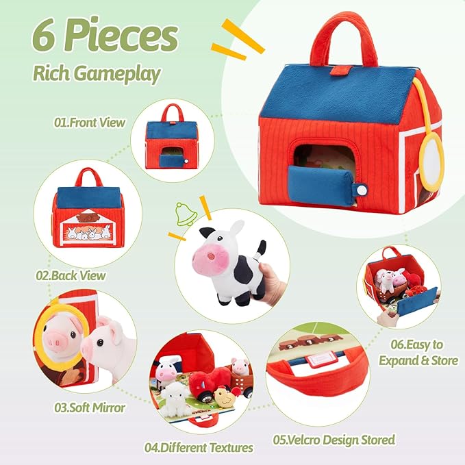 OUOZZZ Farm Stuffed Animals Toys Set for Toddlers 1 2 3 Year Old Soft Plush Playhouse with Sensory Tractor, Animal Friends with Bell Sound & Activity Mat – Portable Toy Gift for Baby Boys & Girls 9.4"